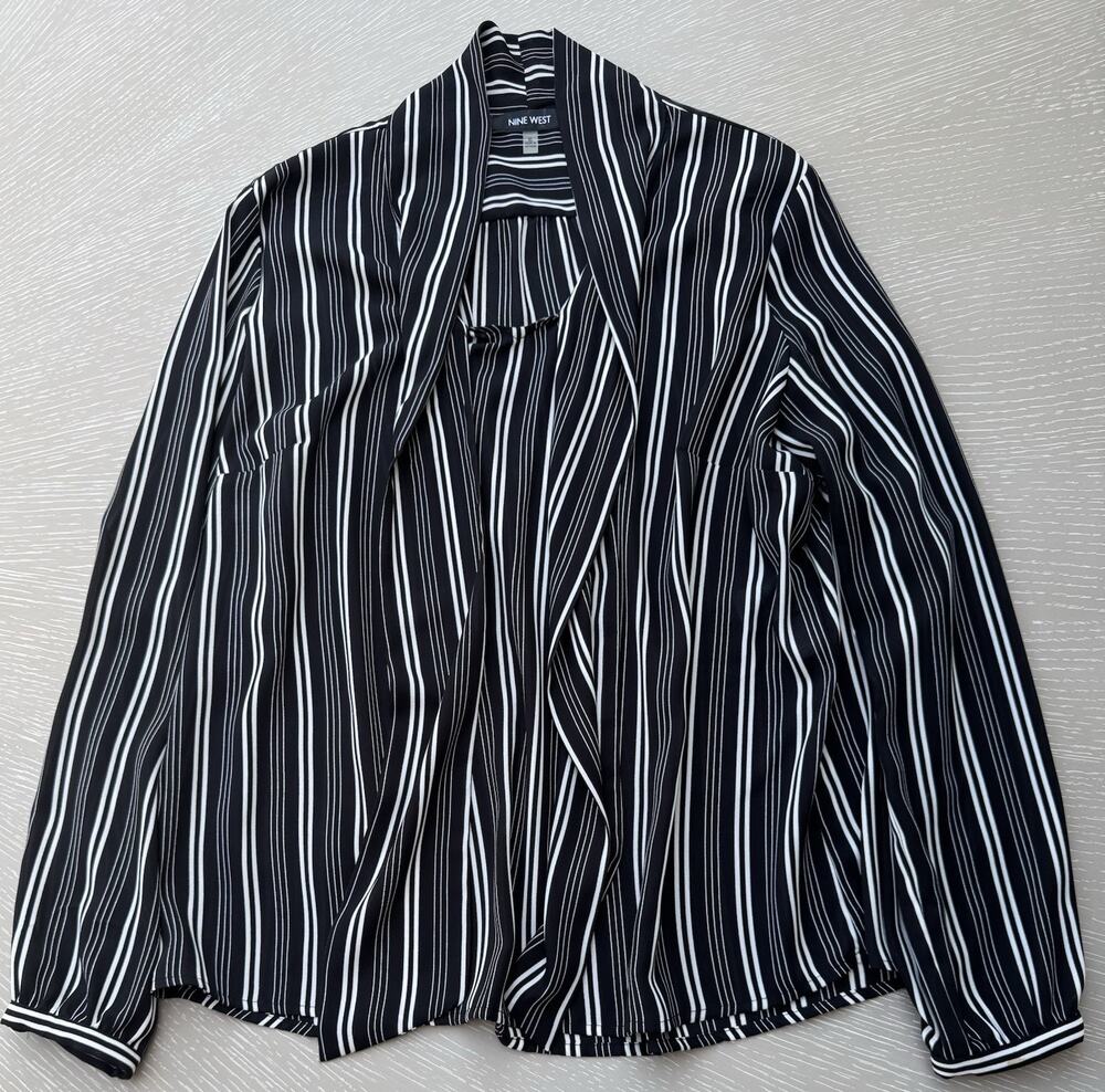 Nine West Women XL Black White Striped Draped Open Front Blouse Top